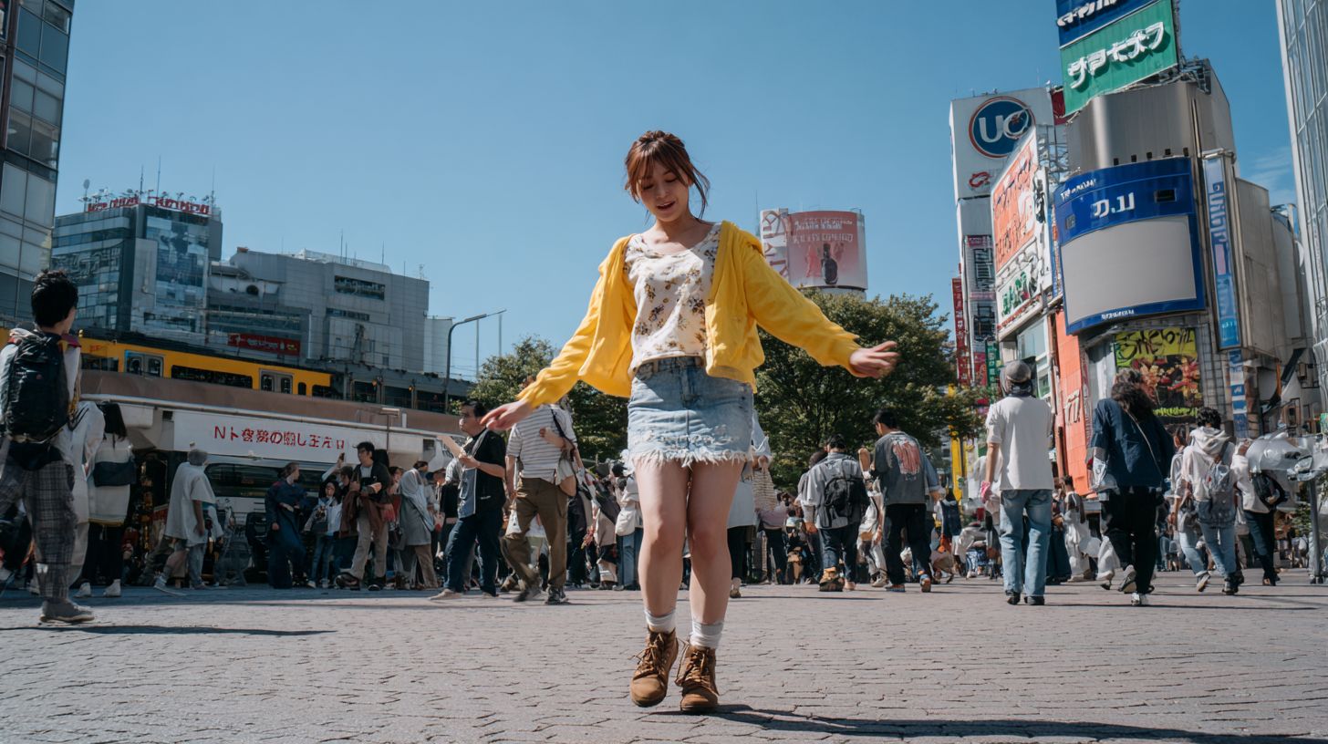 A 20-year-old Japanese woman dancing in Shibuya on a sunny day with her hands down and shoes visible