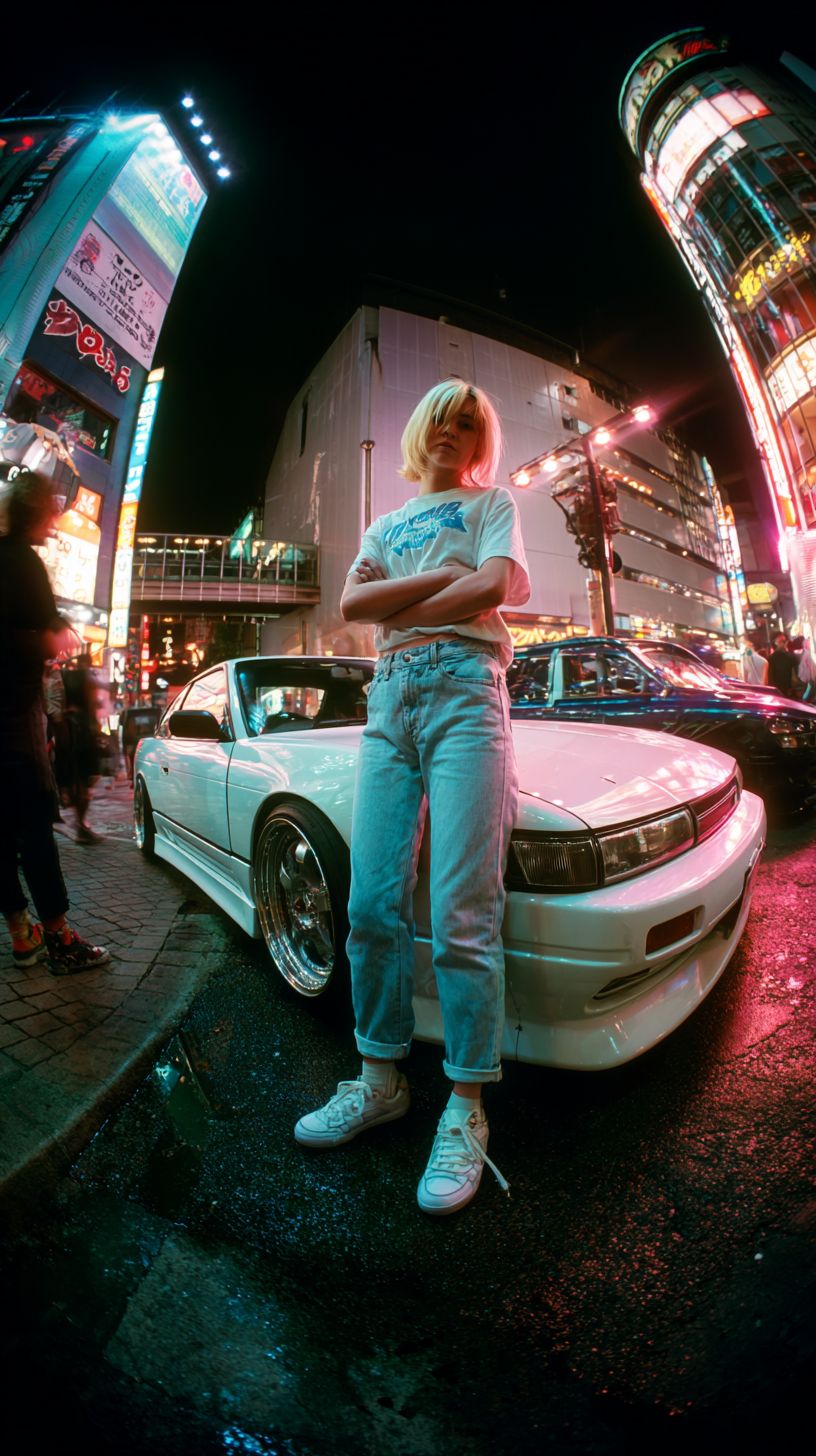 一位穿着1980年代街头时尚的日本女性街头赛车手，站在改装过的日产Silvia S13前，背景是闪烁的东京街道