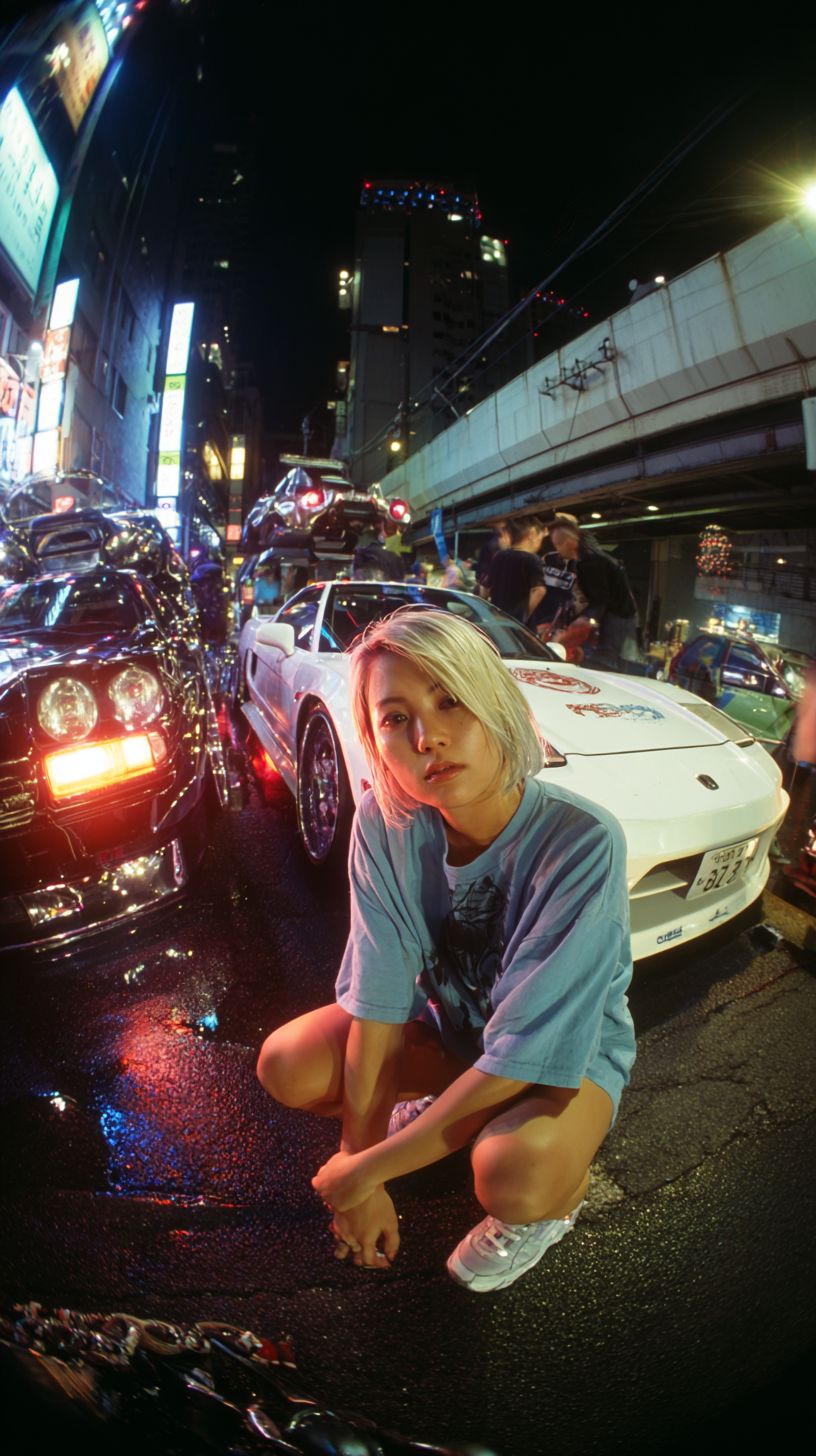 Eine asiatische weibliche japanische Drift-Rennfahrerin in Streetwear der 1980er Jahre posiert vor einem modifizierten weißen Toyota NSX