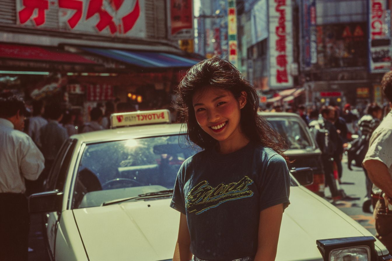 A beautiful Japanese woman wearing a T-shirt smiles in front of a Toyota car