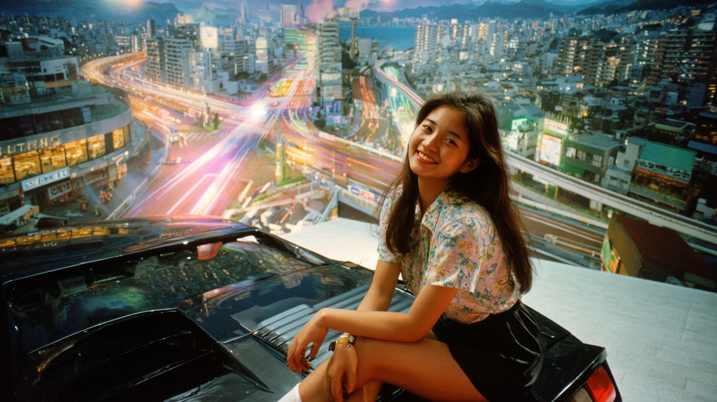 A young woman sits against a 1980s Japanese cityscape