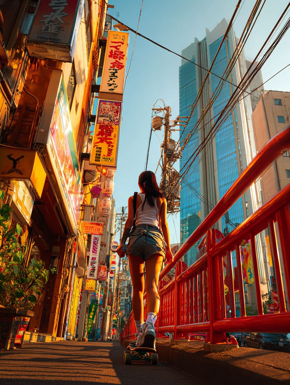 Eine junge koreanische Frau fährt auf einem Skateboard in einer engen Straße in Tokio, trägt ein weißes Tanktop und einen kurzen Rock, ihre langen schwarzen Haare wehen im Wind