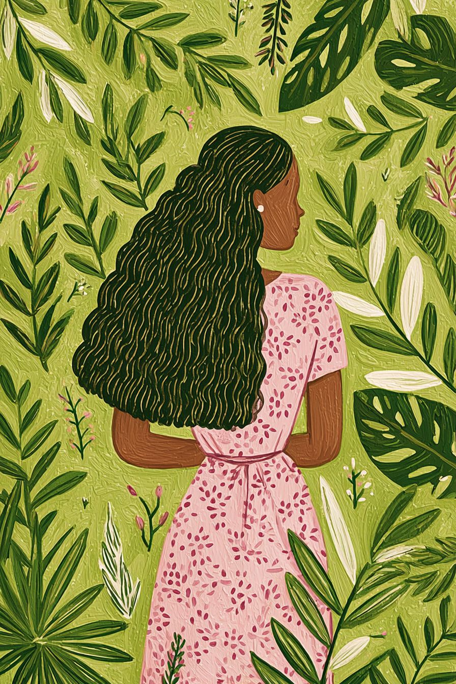 A beautiful black woman with long curly hair looking out