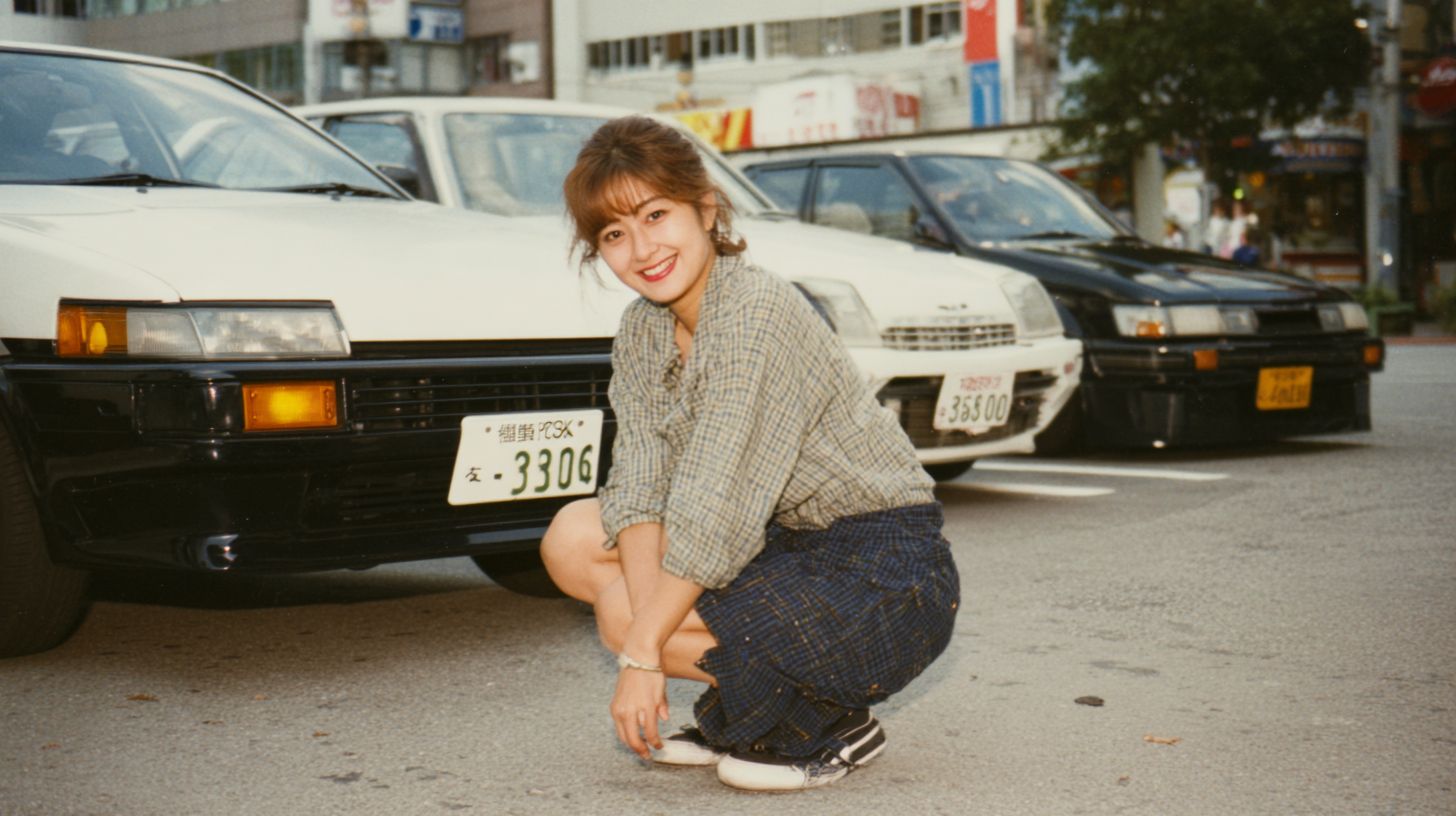 在1980年代東京，一位身穿開衫和裙子的時尚日本女士安娜·劉微笑著蹲在1980年代日產180SX旁邊