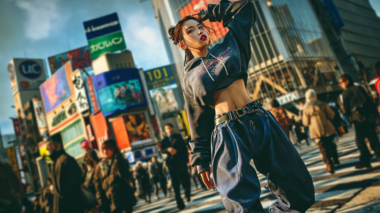 20세 일본 여성이 시부야 교차로에서 패션을 뽐냄