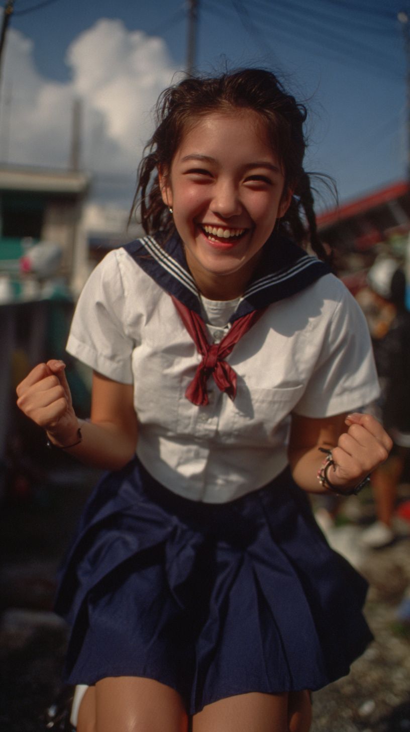 Ein asiatisches Mädchen in einem japanischen Schuluniform springt glücklich auf dem obersten Stockwerk eines Gebäudes