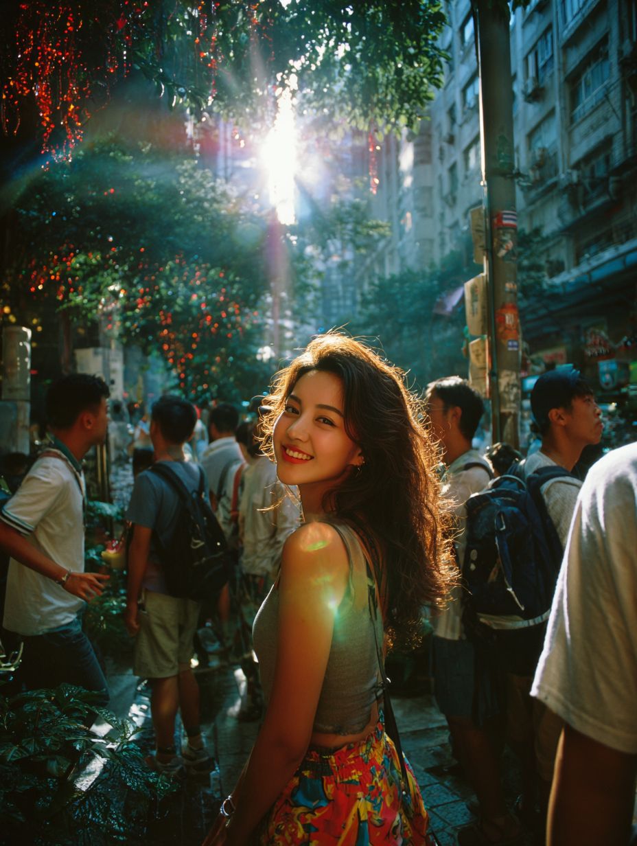 90년대 광저우 거리에서 미소짓는 소녀가 카메라를 바라보며 뒤를 돌아보고 있다