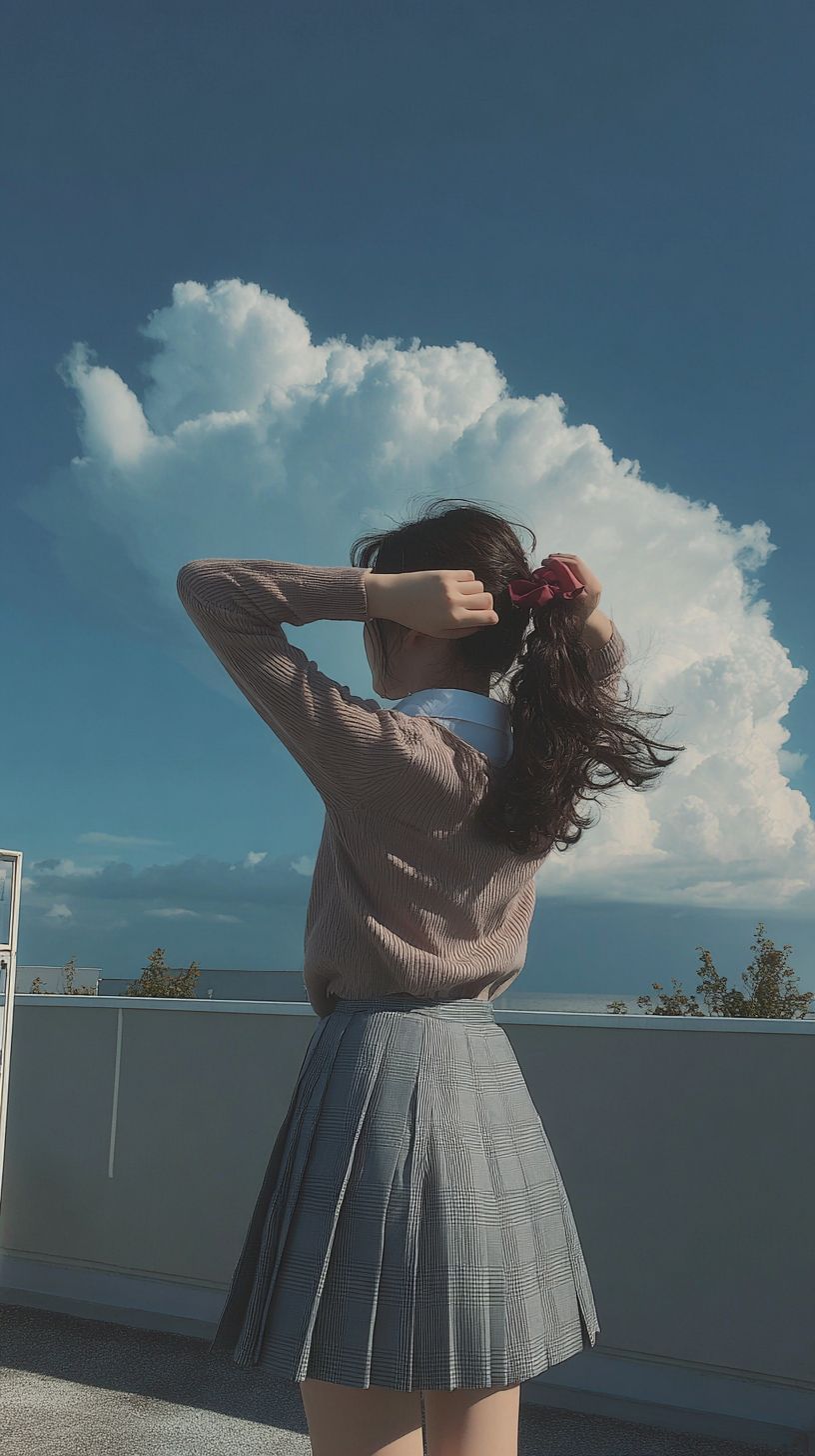 A girl is dancing in a summer school setting, hands behind her head, shaking her hips, with huge cumulonimbus clouds and a clear blue sky behind her