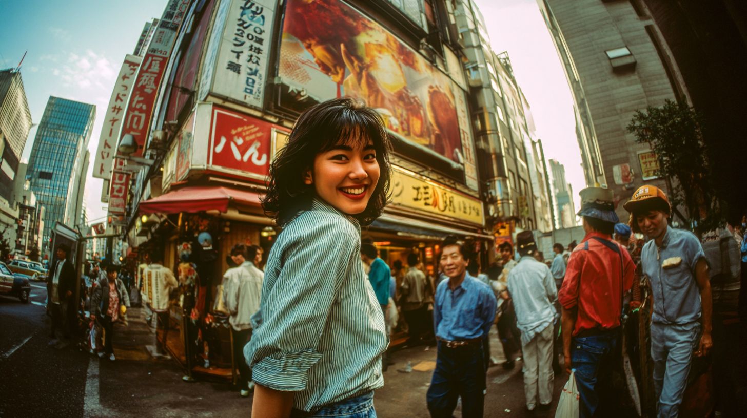 A young Japanese woman in 1980s casual wear smiles against a Ginza backdrop