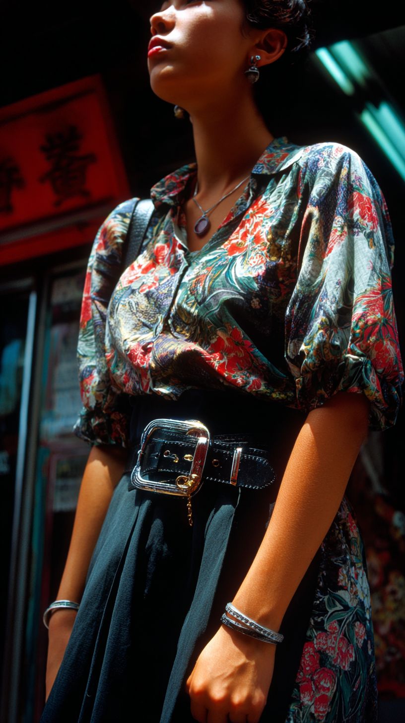 Model wearing a belt on the streets of Hong Kong in the 1990s