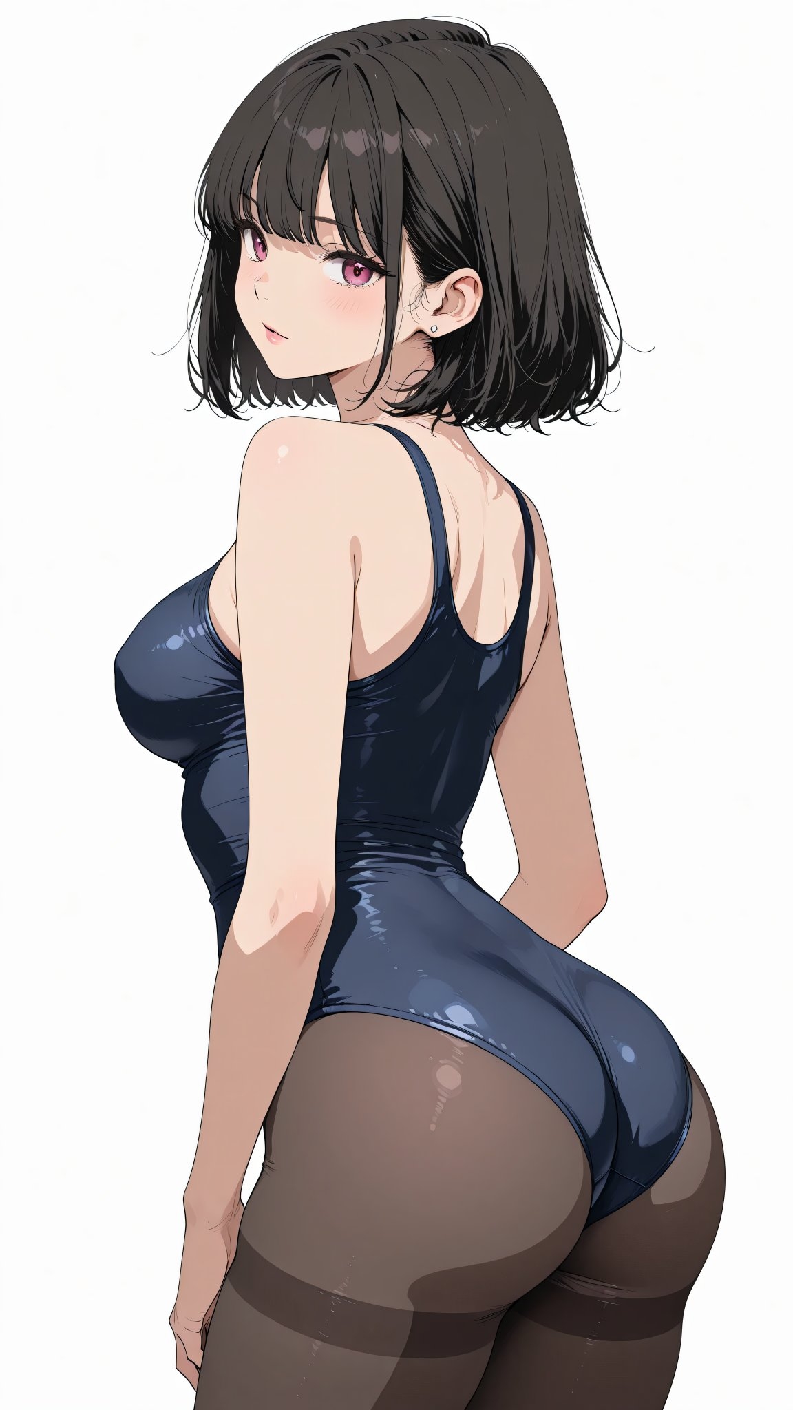 Wet shiny swimsuit and black stockings with a curvy butt