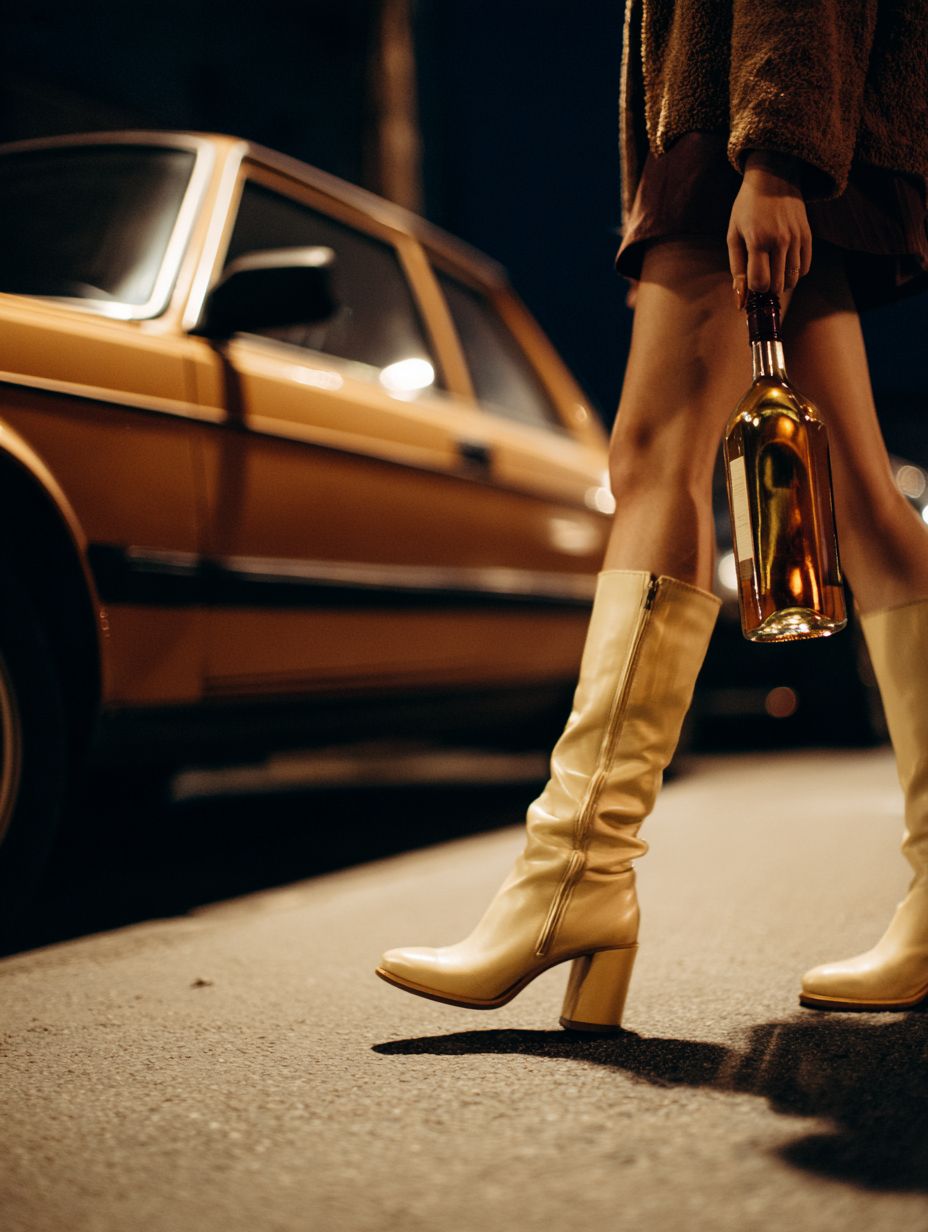 A woman in beige long boots walks holding a bottle of wine in a Paris street