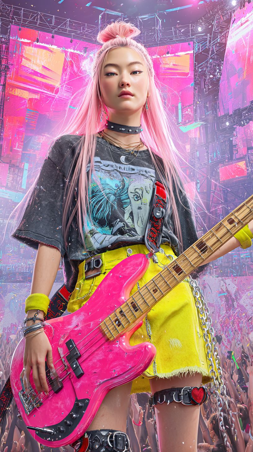 A young Korean female rock bassist showcases her confident presence on stage
