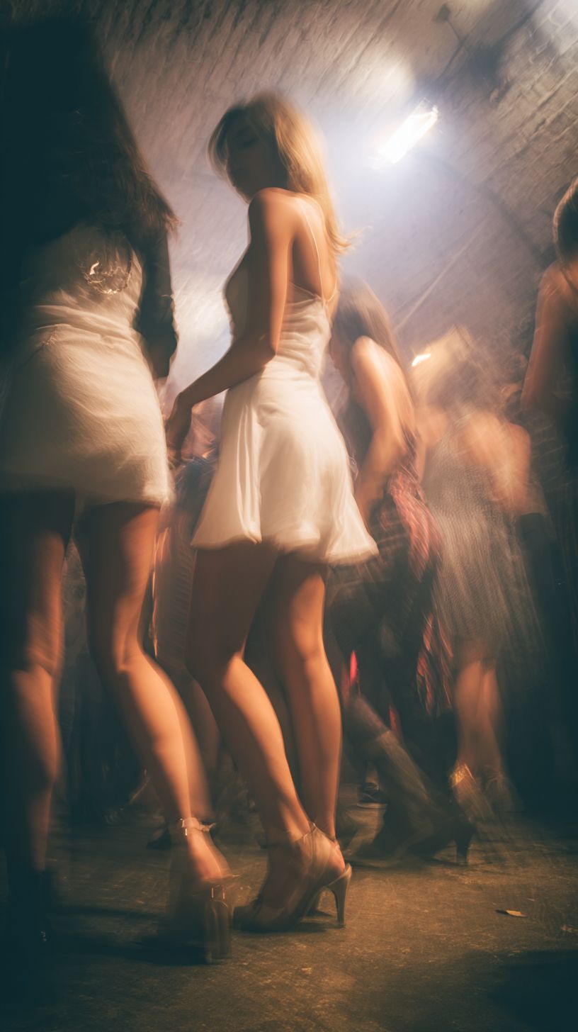 A blurry slow shutter photograph of people dancing in short white dresses and high heels at an underground party in 2020