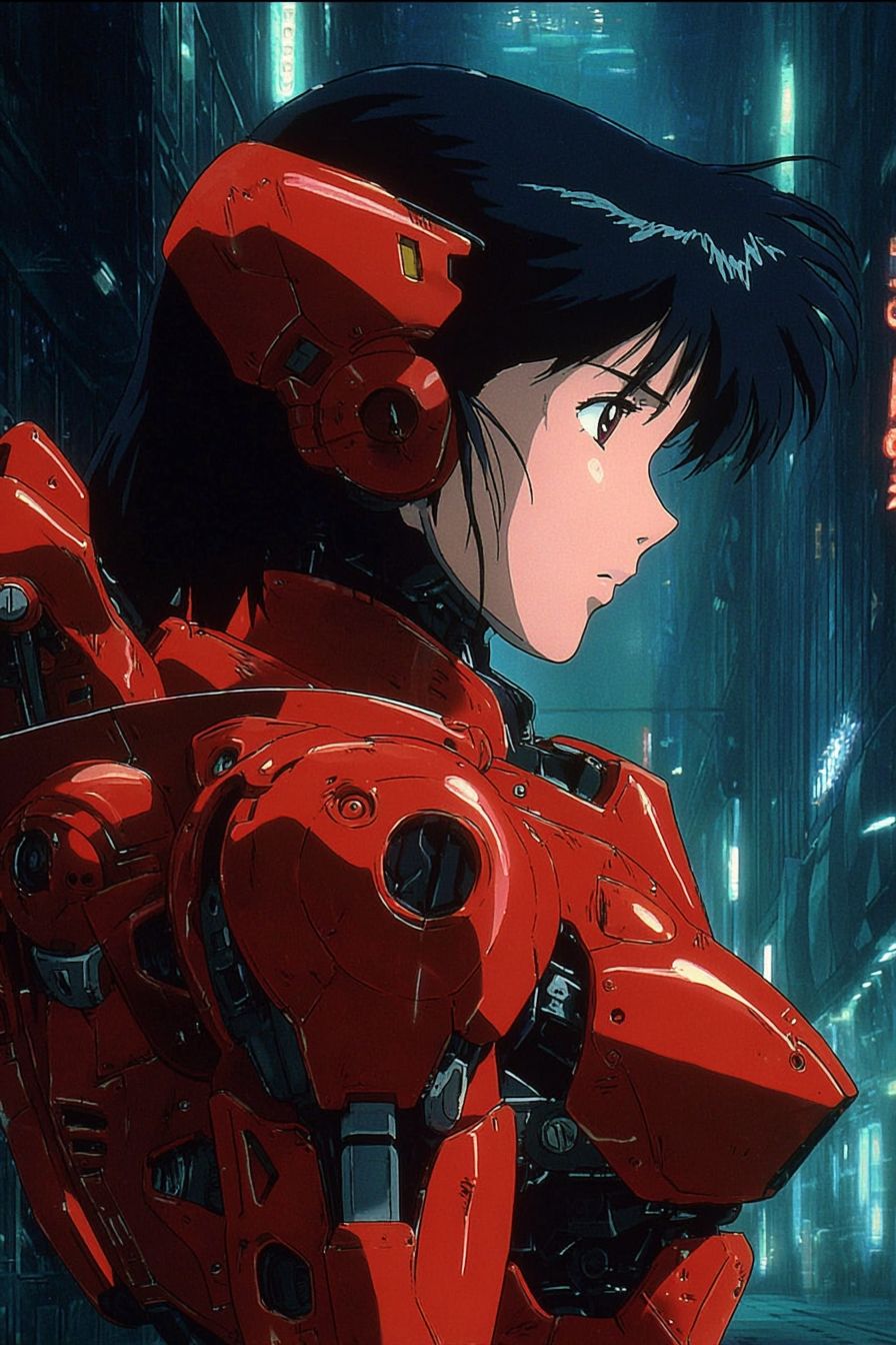 A bio-mechanical cyborg woman in deep crimson and black armor