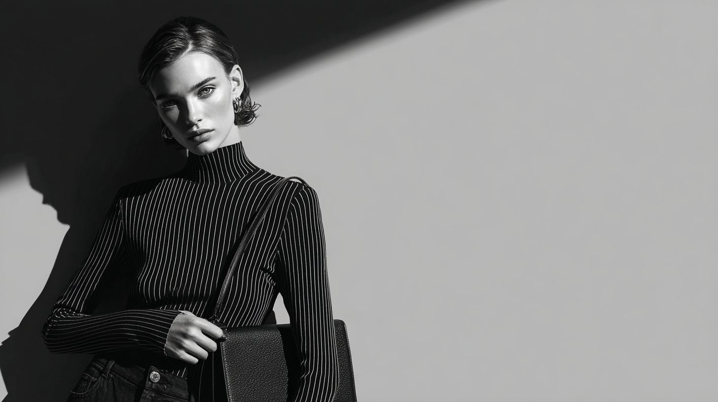 A female model showcases luxury fashion in an asymmetric knit top paired with structured denim and a leather bag