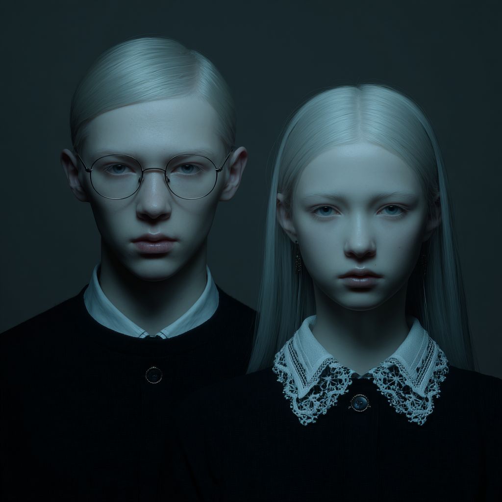 A pair of pale-skinned twins, a boy and a girl, aged 18 to 20