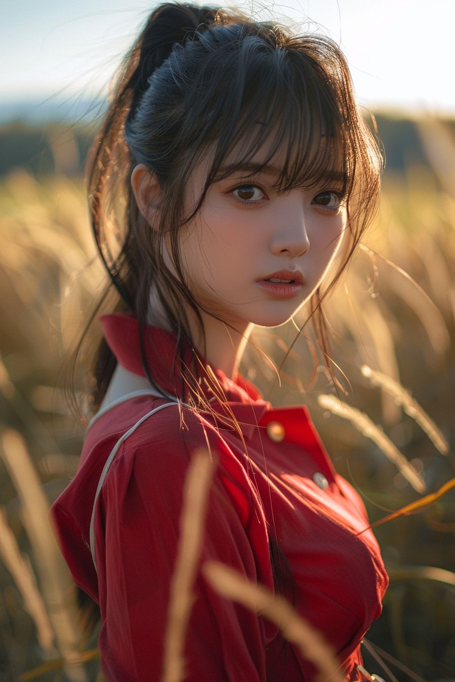 A 22-year-old plump Chinese girl resembling Nico Robin from One Piece on a bright sunny day with contrasting sunlight