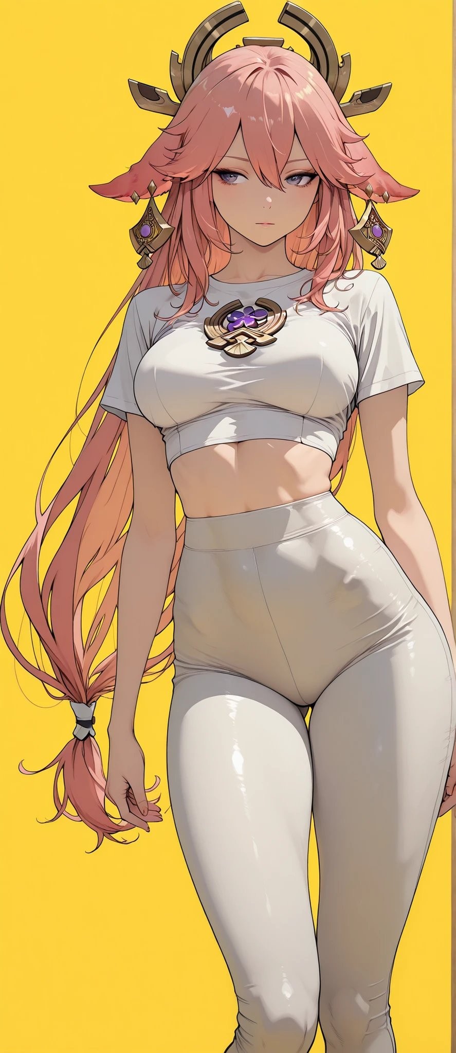 The female character wears a white fitted crop top and high-waisted glossy pants