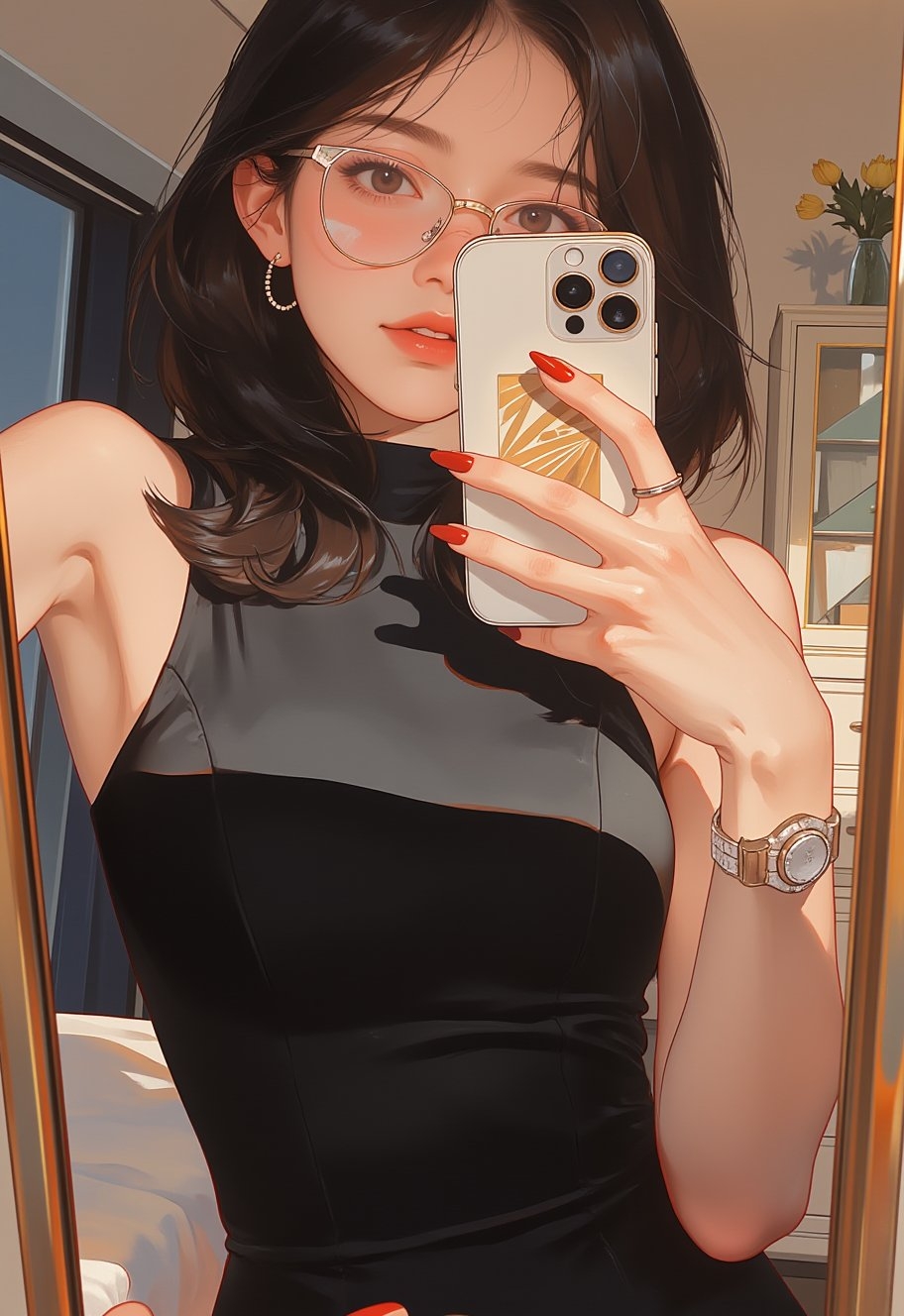 Anime fashion girl wallpaper featuring a girl in a black and gray sleeveless dress taking a selfie