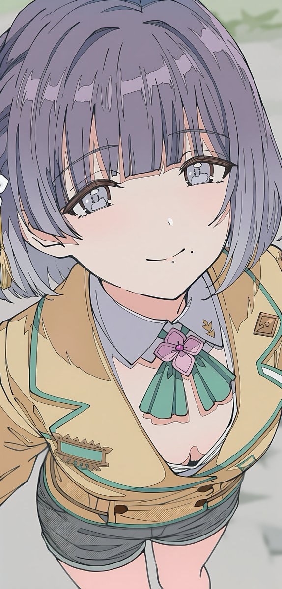 The purple-haired schoolgirl wears a khaki jacket and gray shorts