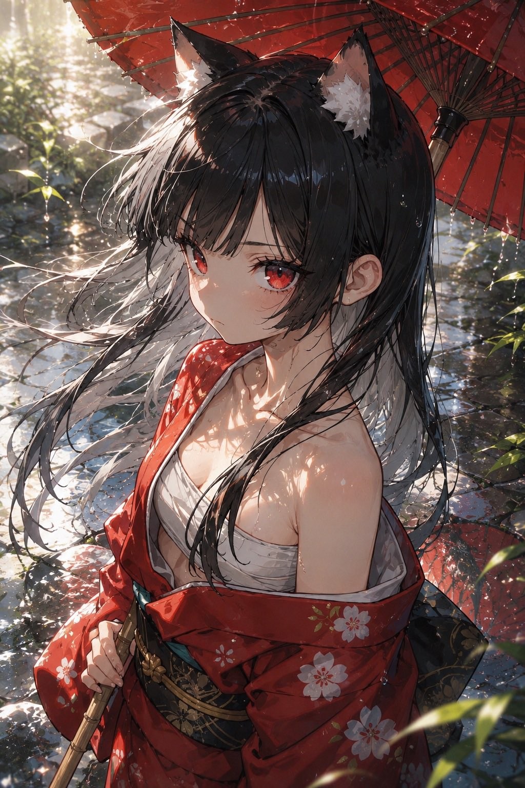 黒い長髪の狐耳少女が赤い和服の外套と白い胸当てを着ている