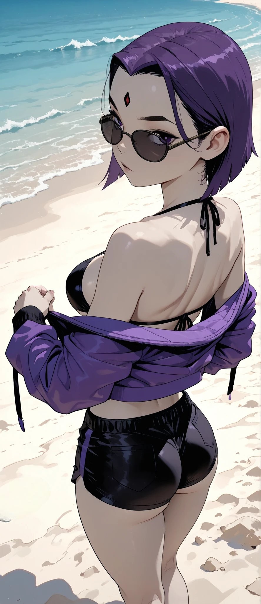 紫髮少女在海灘上優雅地回眸