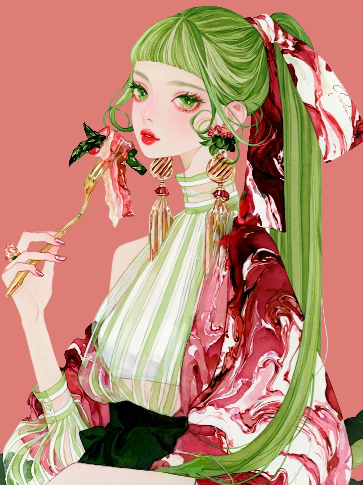 A national trend two-dimensional girl with green long hair and twin tails