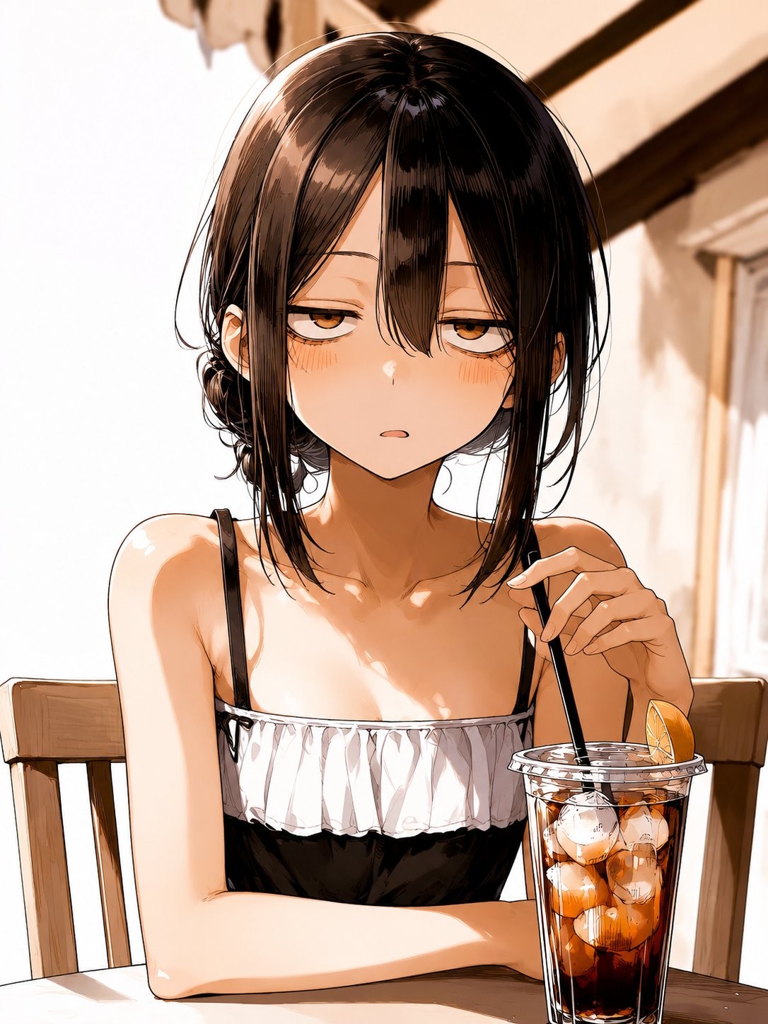 A Japanese anime girl in a black and white dress at a café