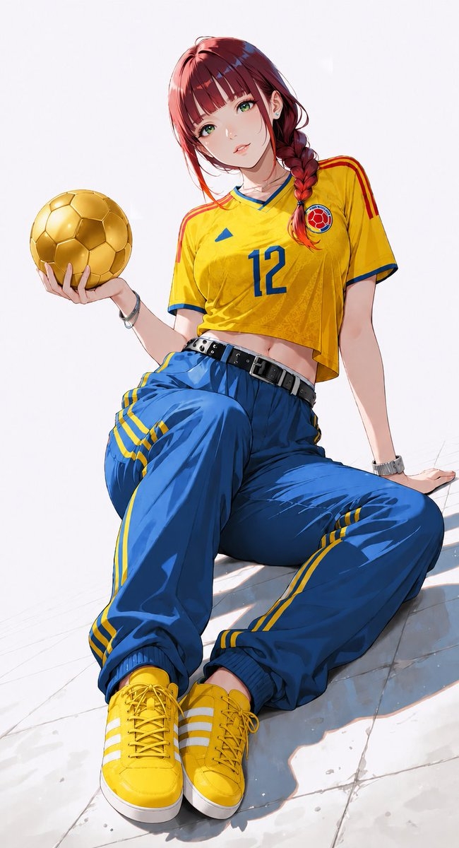The girl is wearing a yellow Colombia national team jersey and has elegant wine-red long hair while sitting