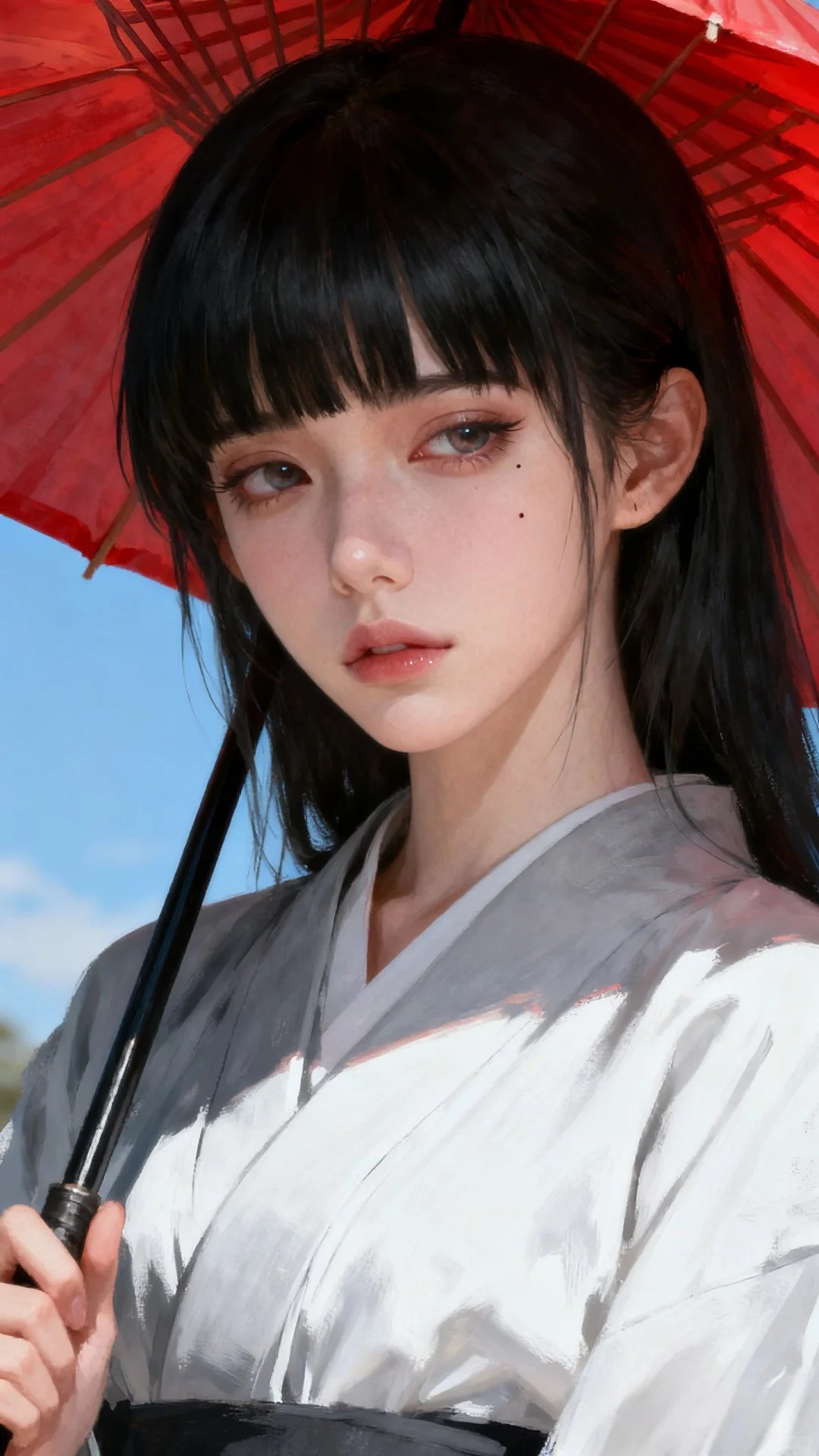 Une fille tenant un parapluie rouge et portant une chemise blanche, idéale pour les fonds d'écran 2D