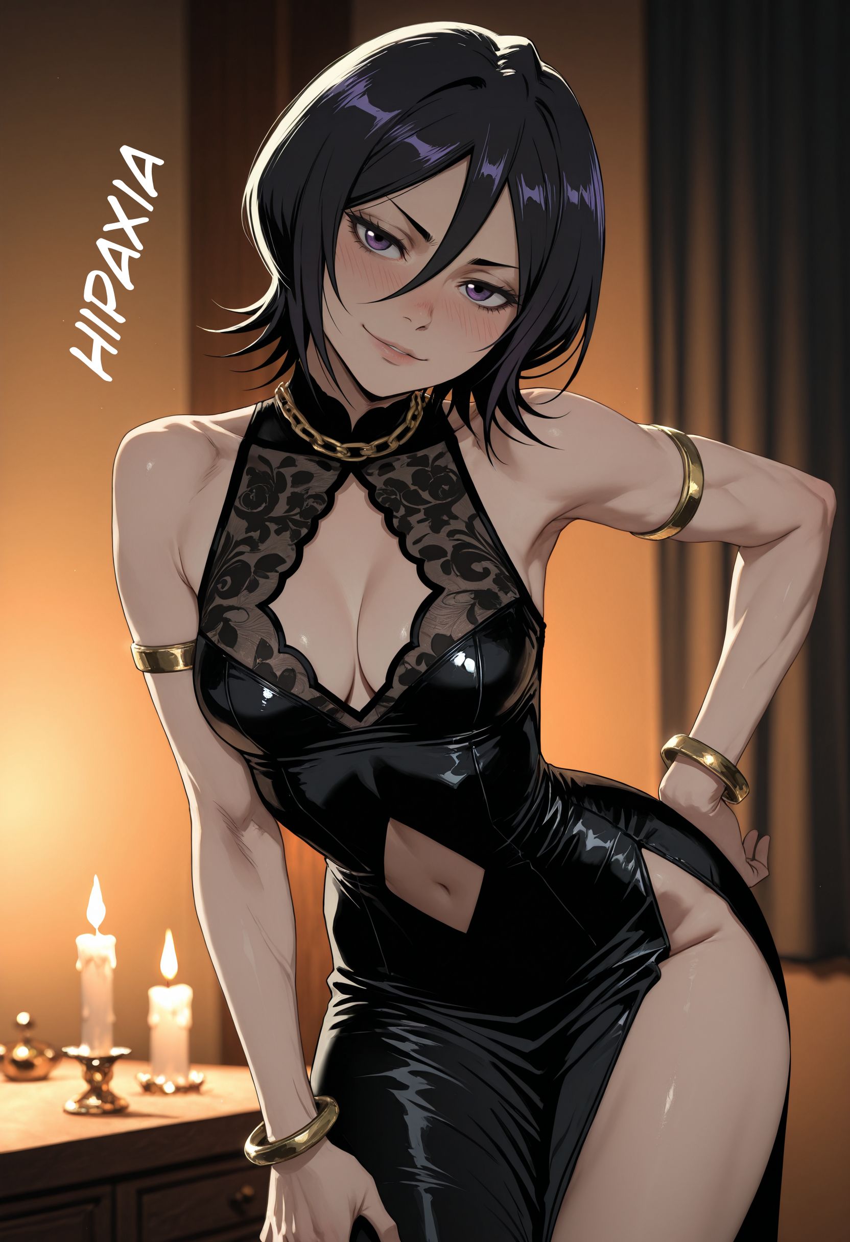 검은 단발머리 여성이 블랙 차이나 드레스를 입고 매혹적인 분위기를 풍기고 있다