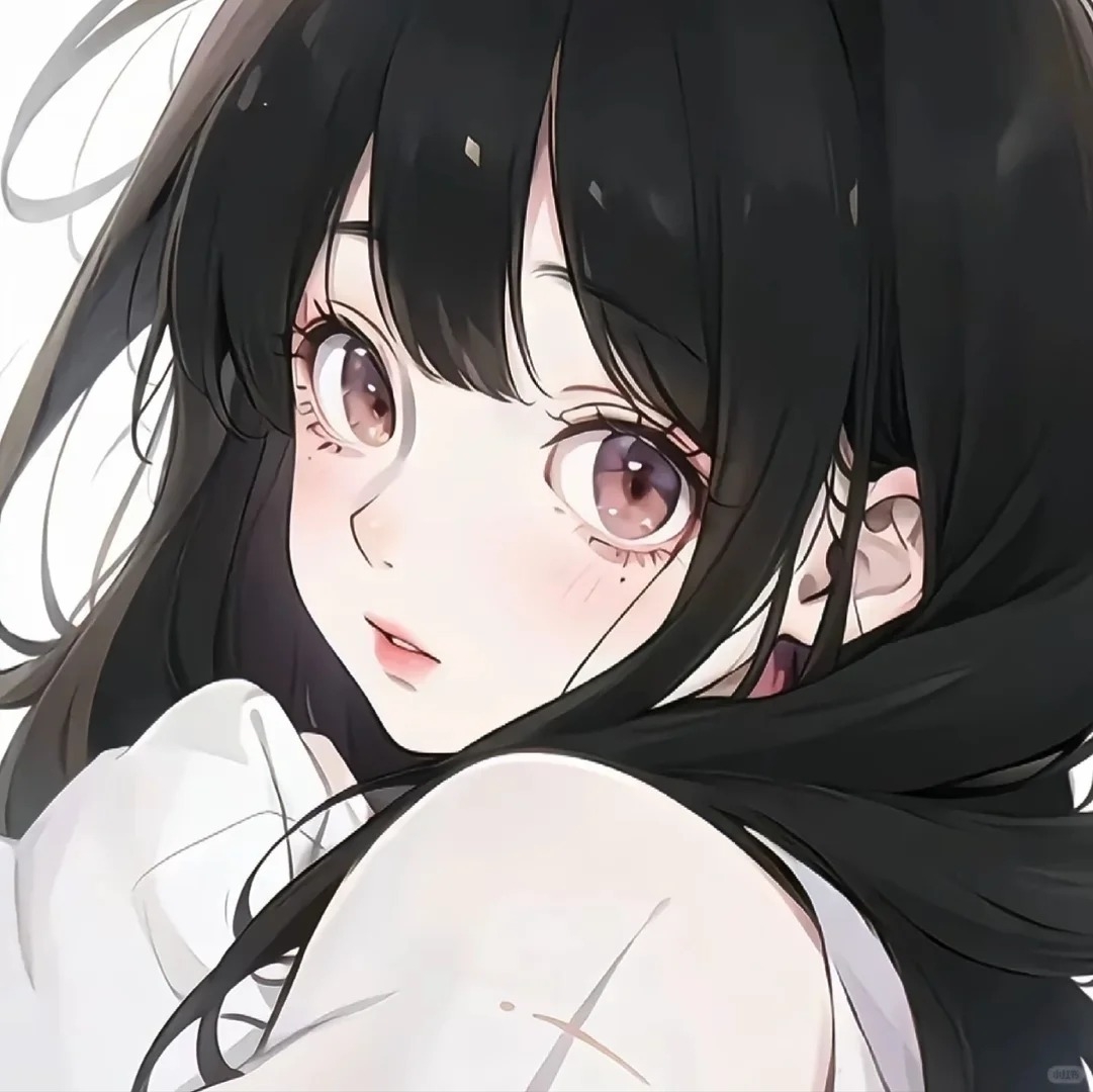 Cute pure anime girl avatar with long black hair and amber eyes