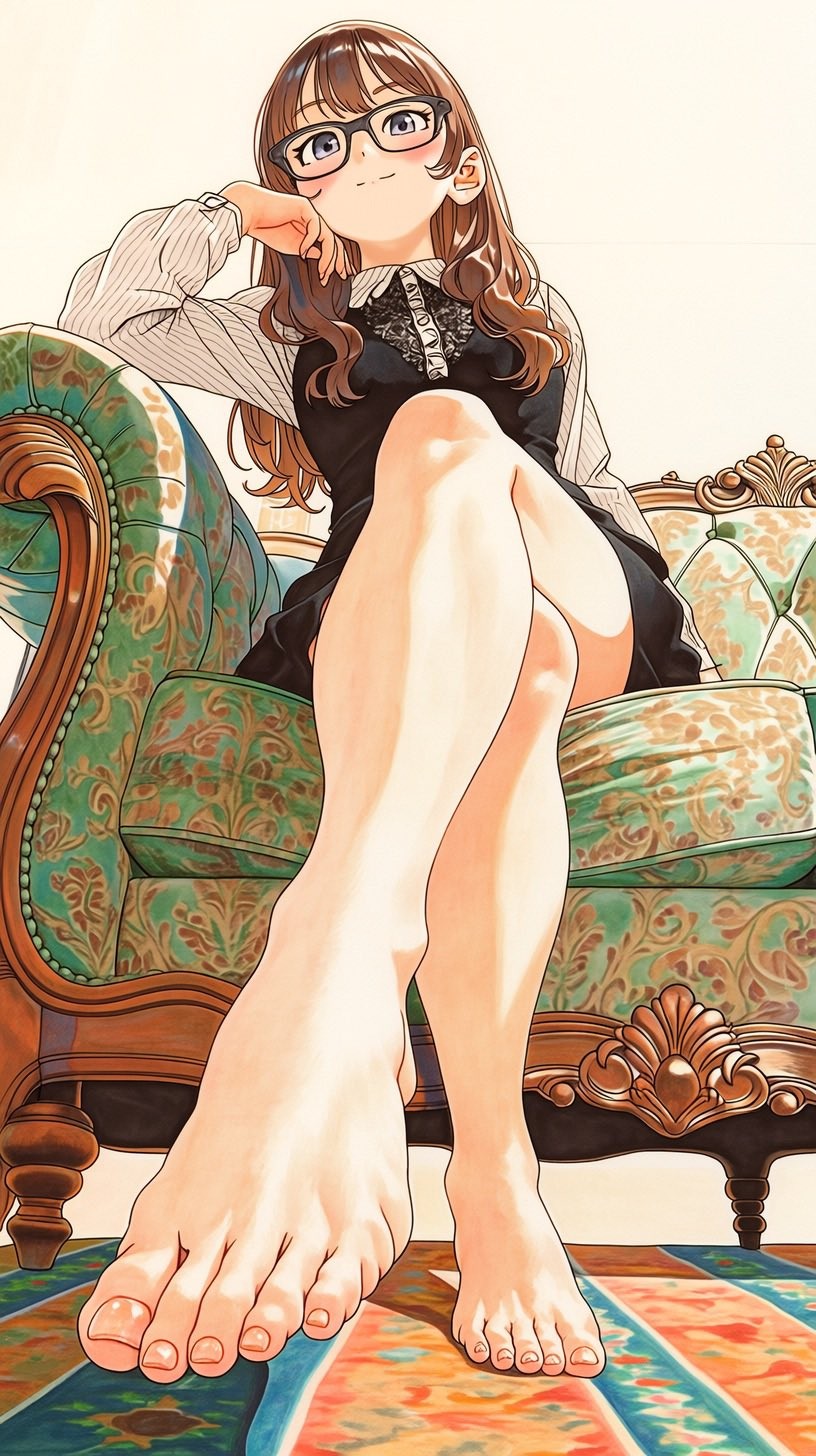 갈색 중간 길이 머리를 한 여성이 흑백 스트라이프 셔츠와 검은 레이스 넥타이 드레스를 입고 빈티지 소파에 앉아 있다