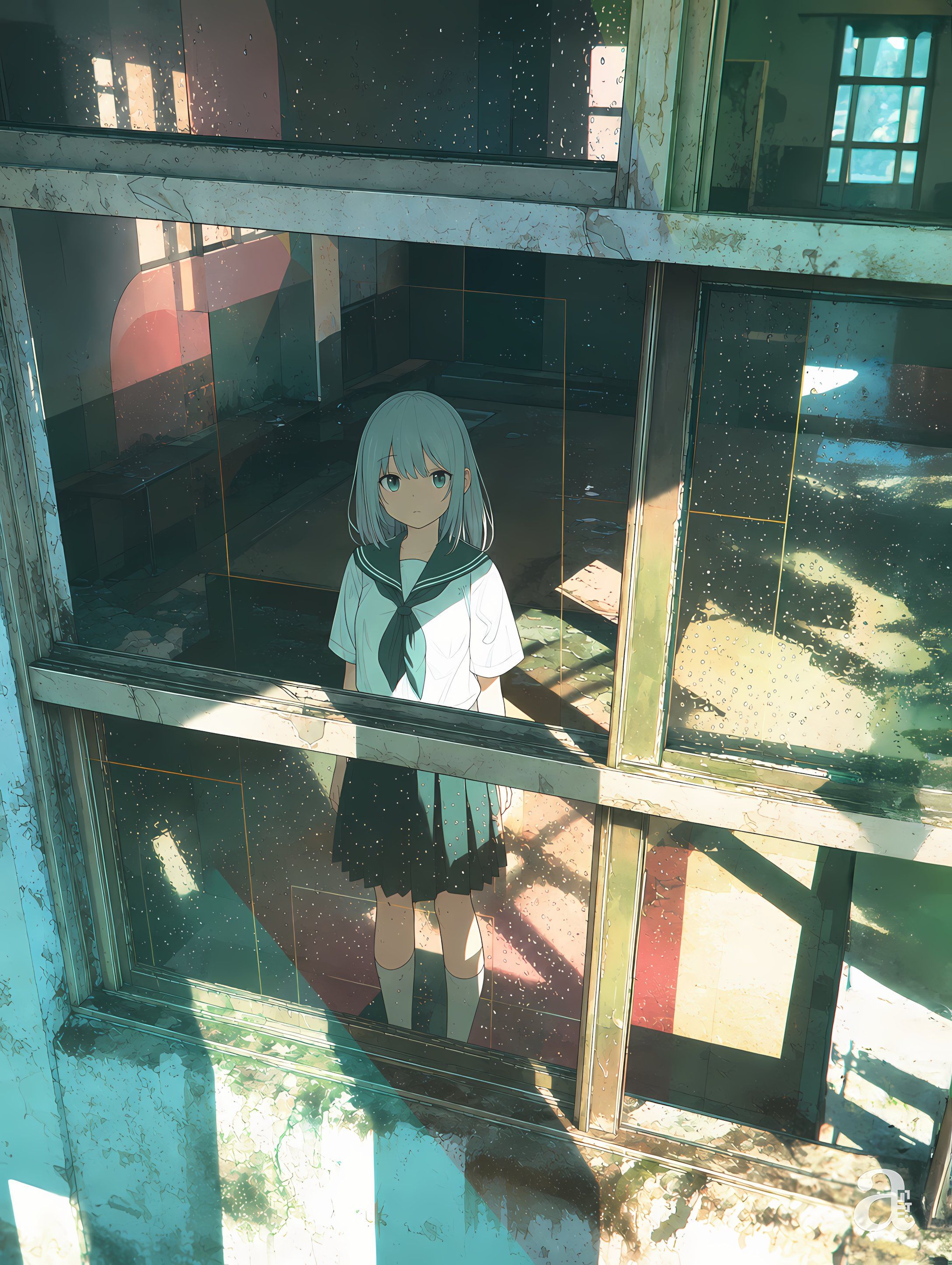 Anime wallpaper of a silver-haired girl in an abandoned building