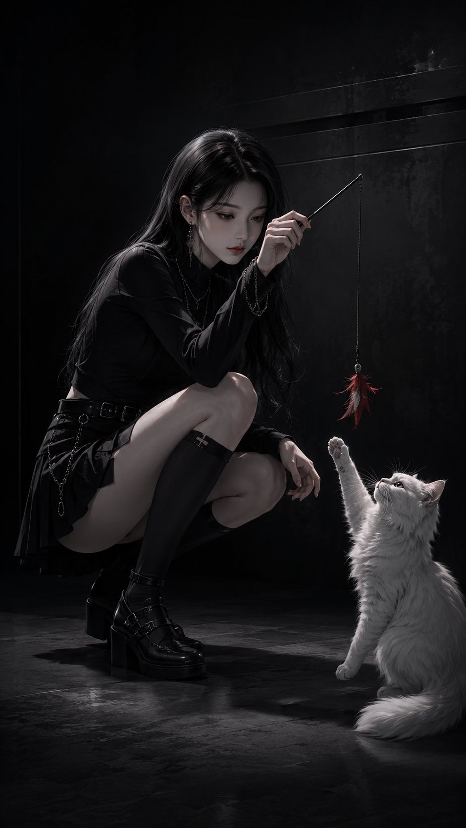 A gothic girl with black hair and a white cat in a mysterious illustration