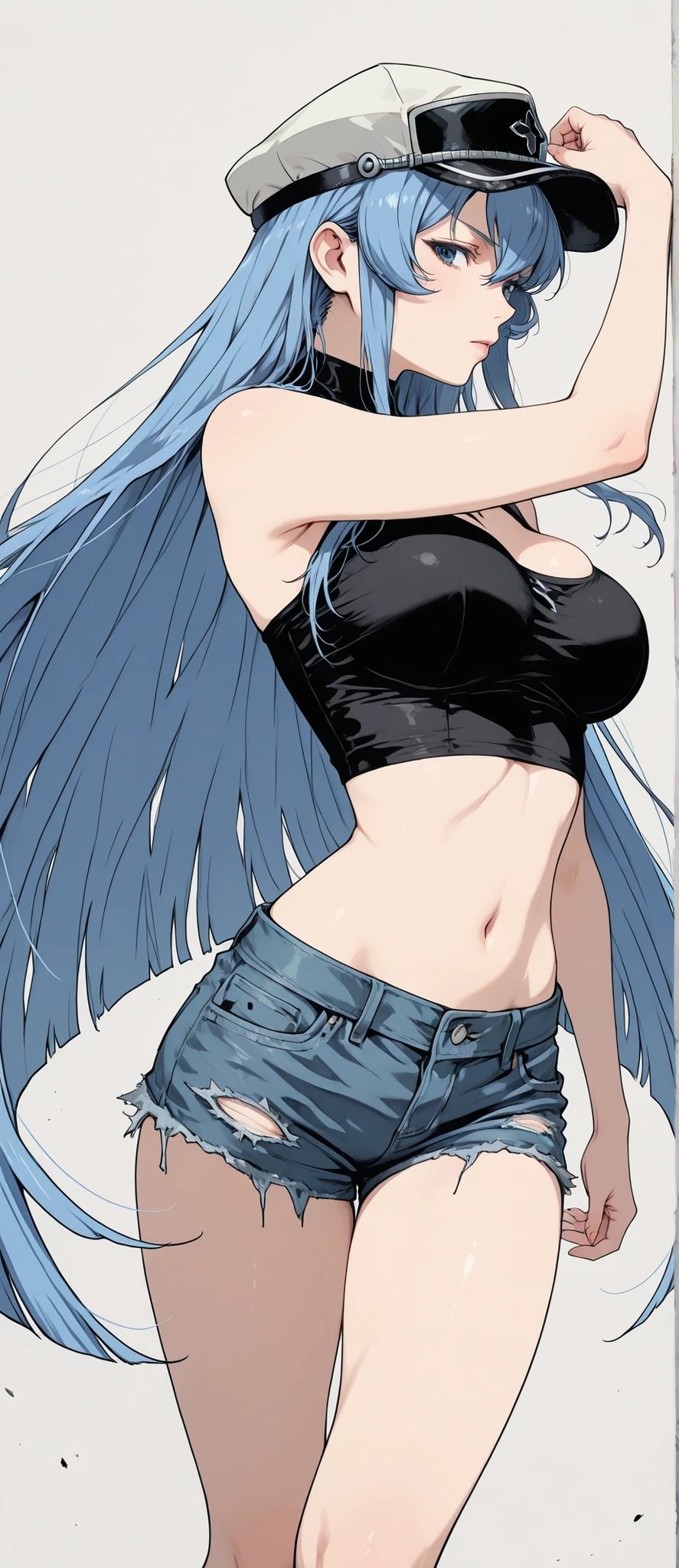 A female character stands sideways with long light blue hair, wearing a black and white military-style hat, a sleeveless black top, and low-rise distressed denim shorts, exuding a confident and aloof aura