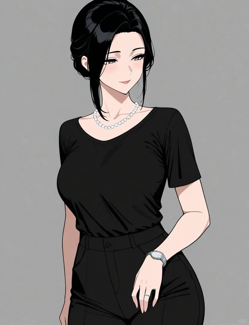 Das zweidimensionale Mädchen im Wallpaper trägt ein schwarzes V-Ausschnitt-T-Shirt und Anzughose und zeigt beruflichen Charme
