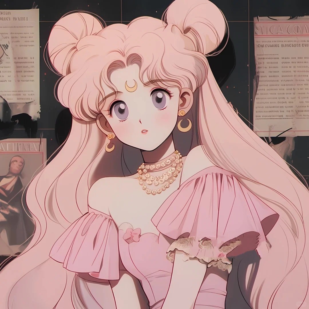 A pink-haired girl in an off-shoulder pink dress with twin bun hairstyle