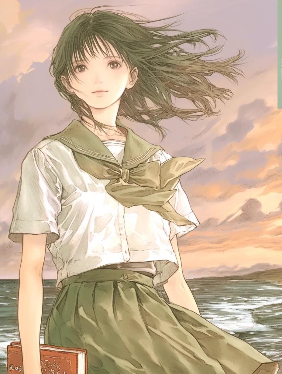 少女が海辺でセーラー服を着て赤い本を持っている