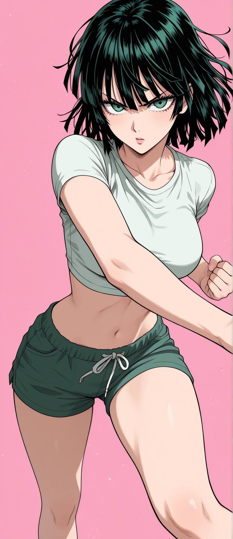 Die Illustration zeigt eine kraftvolle weibliche Figur mit dunklen grünen kurzen Haaren, die ein weißes enges T-Shirt und dunkle grüne Sportshorts trägt und eine Kampfpose einnimmt