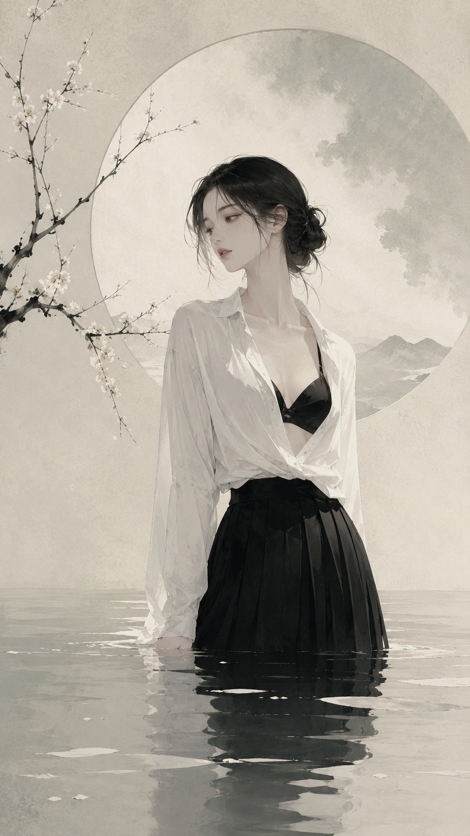 New Chinese style white plum in water showcases a serene beauty