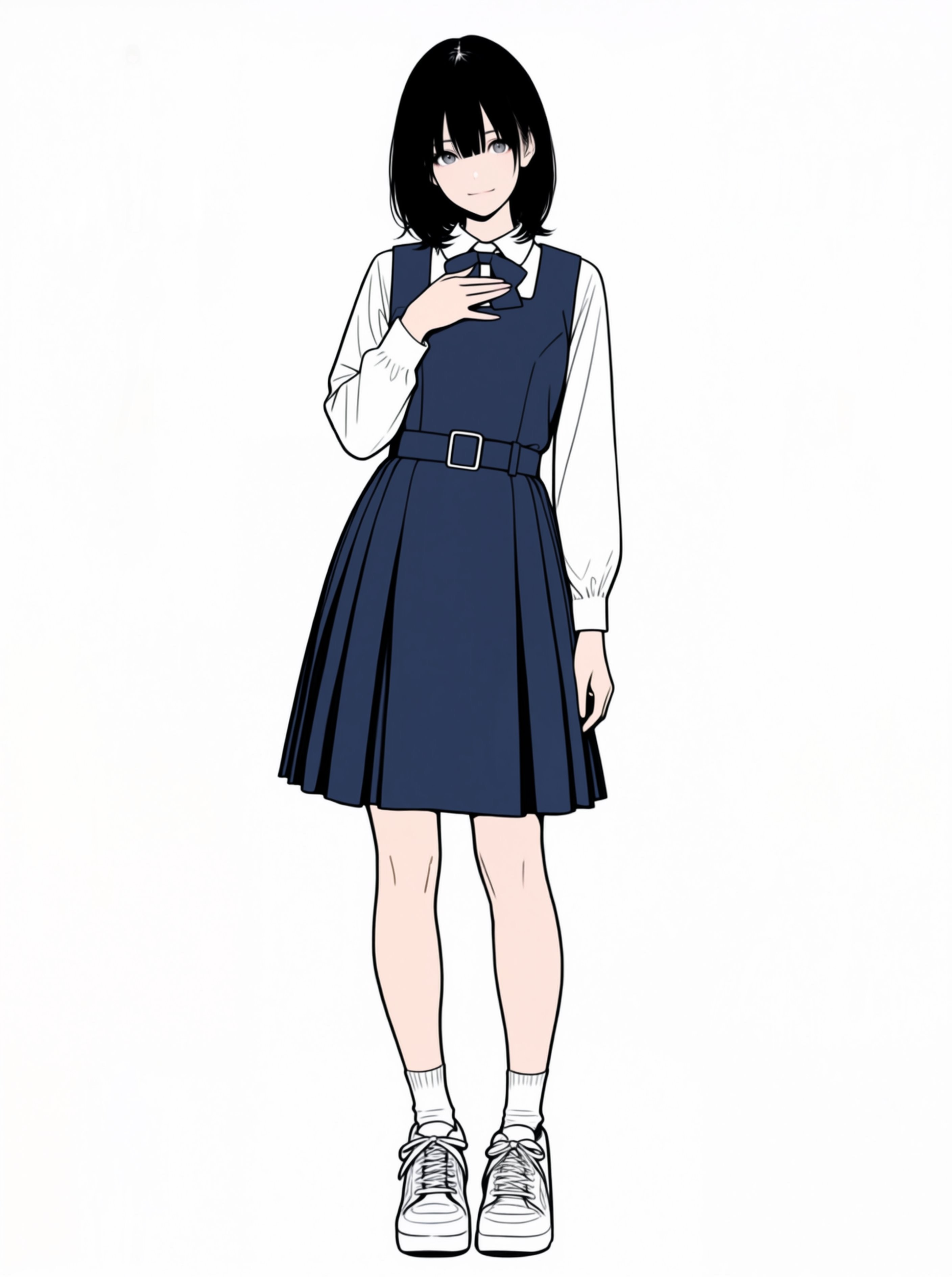 Una chica gótica de dos dimensiones con cabello largo en degradado blanco y negro y ojos azules, vestida con un suéter negro sin hombros y medias rasgadas