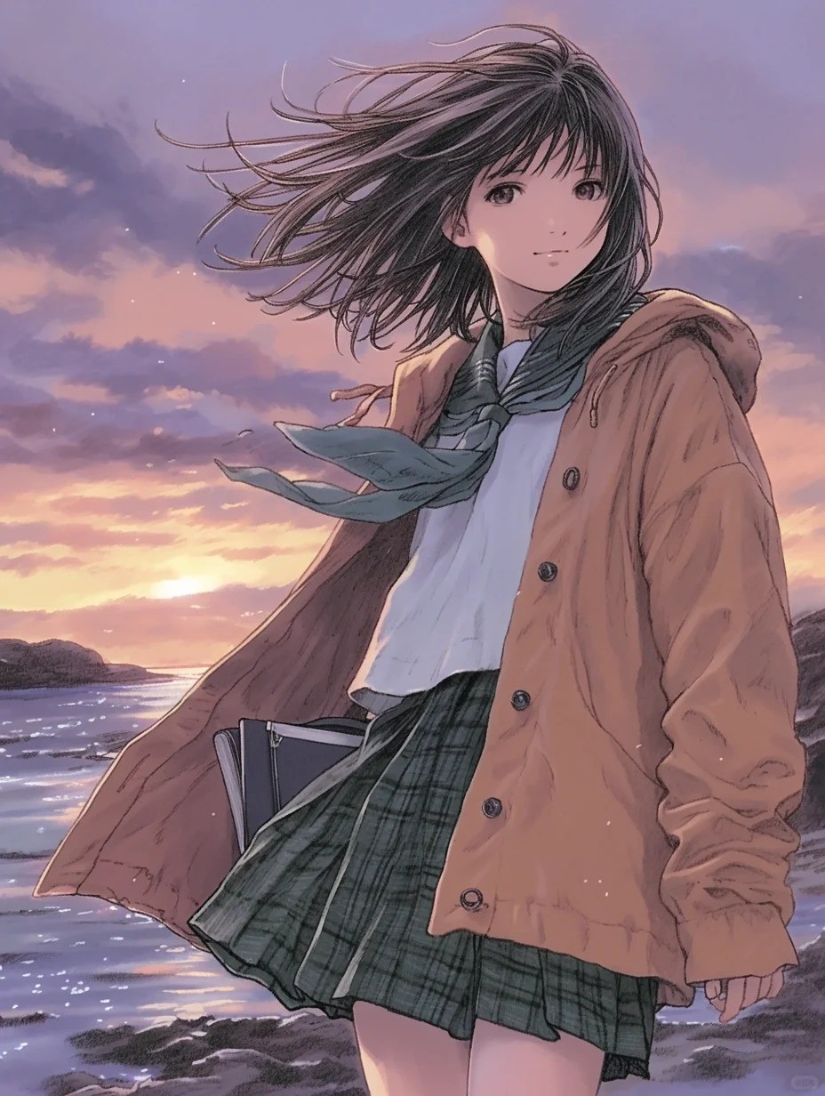 A girl with black short hair stands at the seaside at dusk holding a book, wearing a white top, green checkered skirt, and brown coat