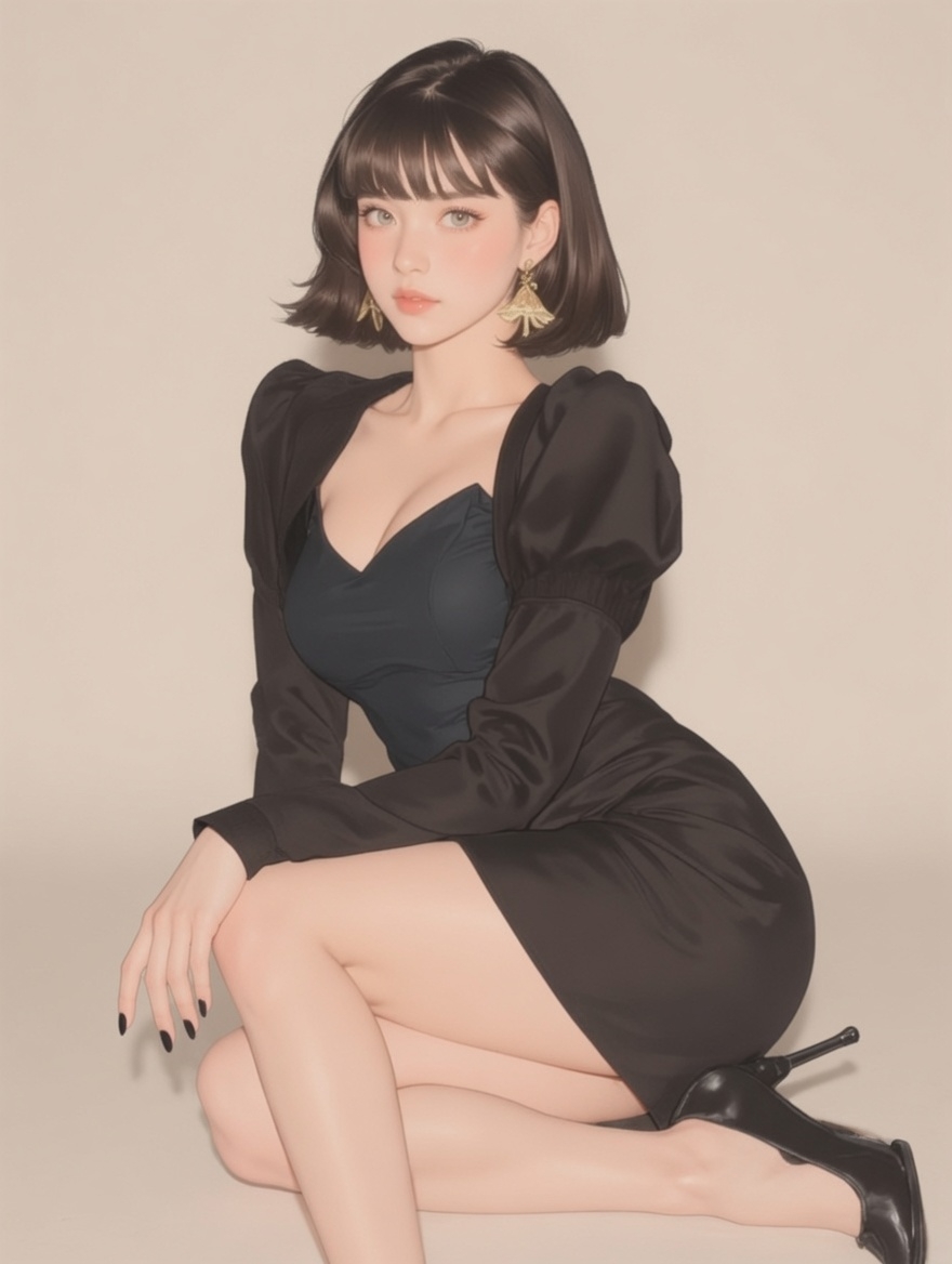 A short-haired socialite wearing a black deep V puff sleeve dress with gold fan-shaped ear...