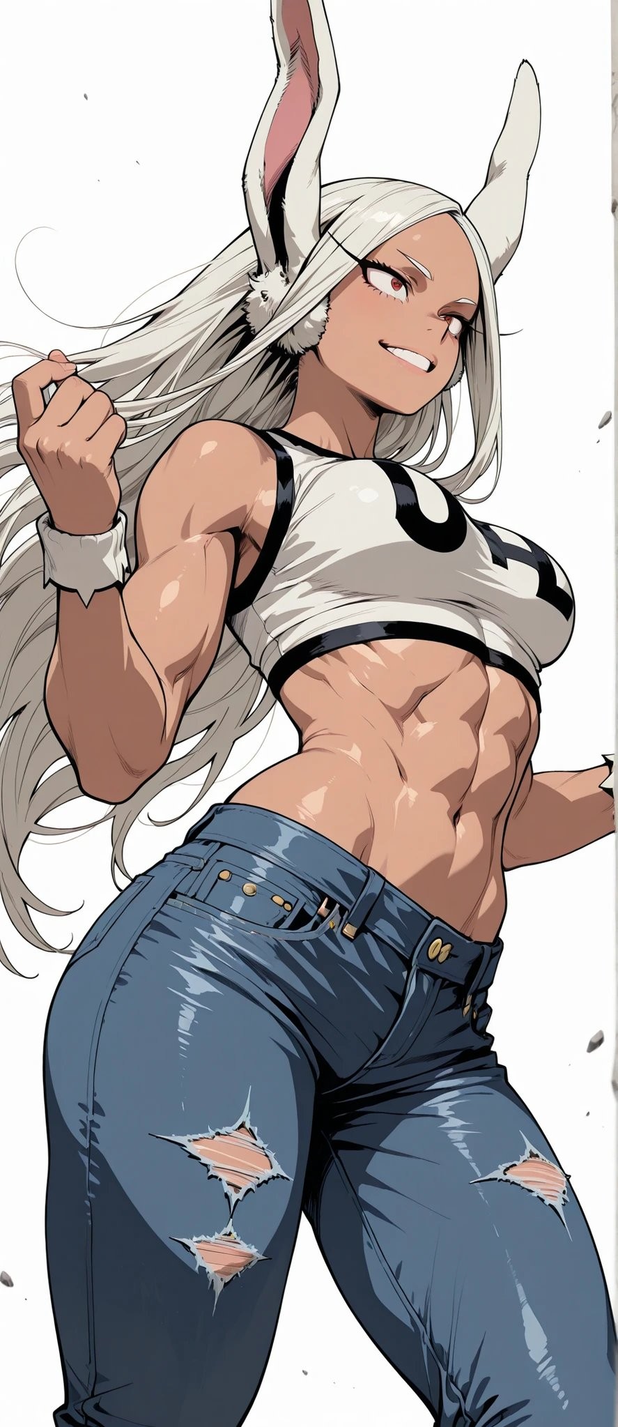 La ilustración presenta a una poderosa mujer con orejas de conejo, cabello plateado y ojos rojos, vestida con un top corto negro y blanco y jeans rotos de cintura alta, mostrando una fusión perfecta de fuerza y curvas femeninas