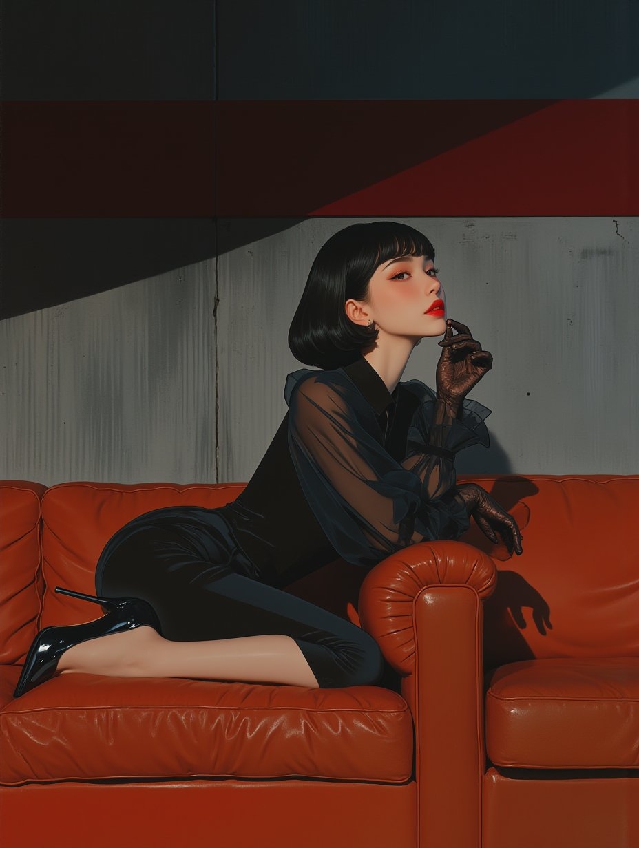 A retro modern woman is wearing a black sheer top and fitted skirt