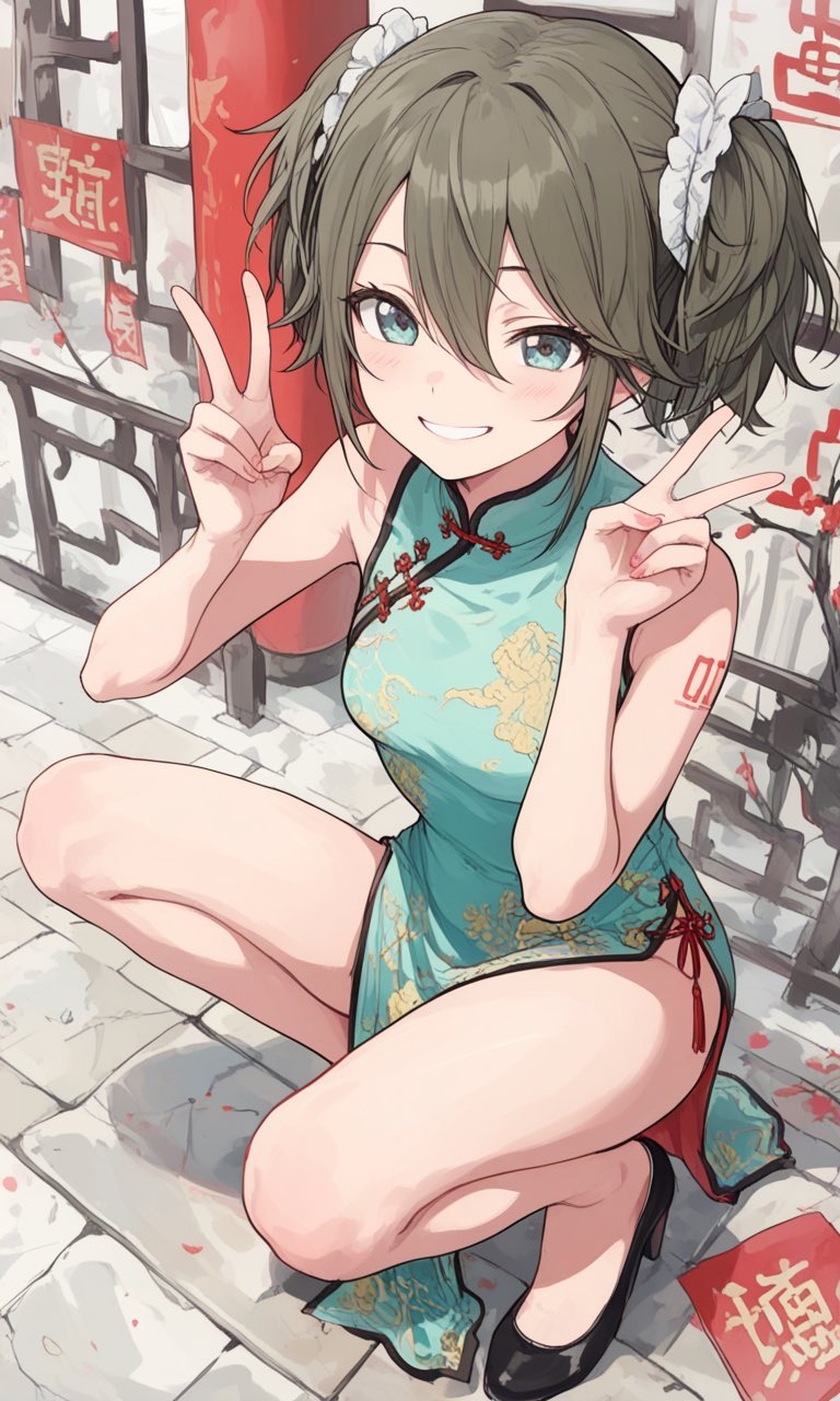 緑がかった髪のツインテールを持つ女の子が、青緑のチャイナドレスを着て白いヘアゴムと黒いハイヒールを合わせて笑っている