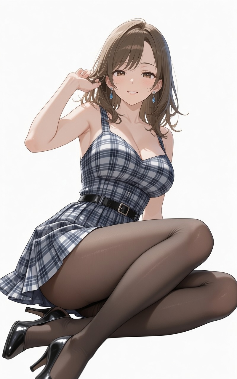日系动漫女性穿蓝白格纹连衣裙