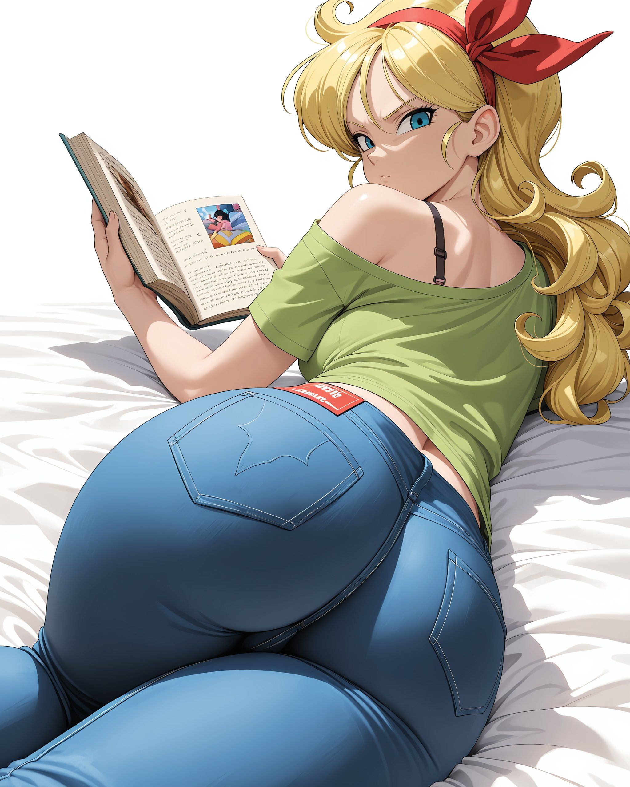 A girl with long golden curly hair wears a green off-shoulder top and deep blue jeans, focused on reading a book